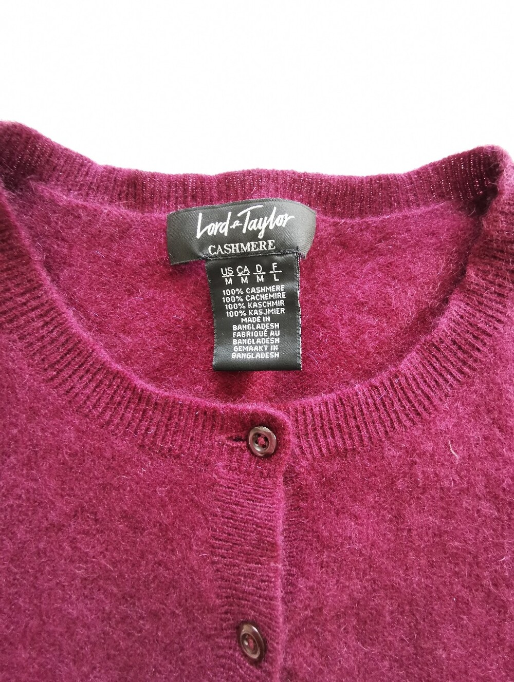 100% Cashmere Lord & Taylor Wine Button-Front Crewneck Long Sleeve Cardigan - Picture 2 of 5